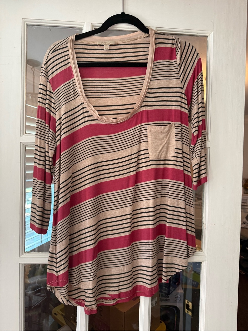 Bordeaux Beige and Berry Striped Scoop Neck Long Sleeve Top